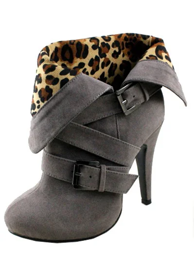 Grey Vintage Boots Round Toe Suede Leopard Print Shoes |FSJ Shoes