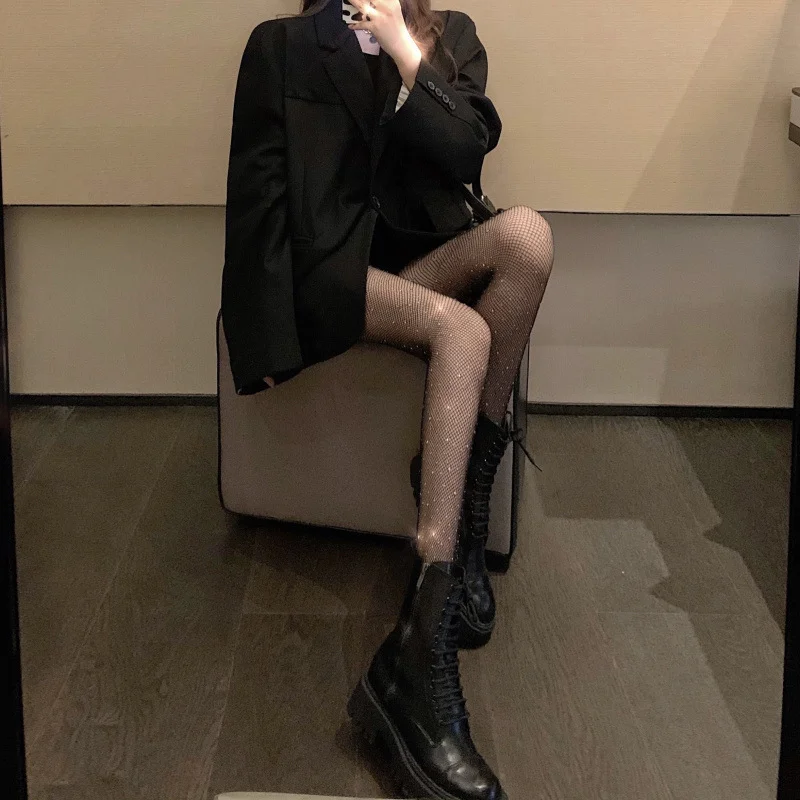 Brownm [With Diamonds] Black Stockings Women Thin Ins Tide Sexy Hollow Fishing Net Socks Spring Hot Diamond Crystals Even Foot Socks