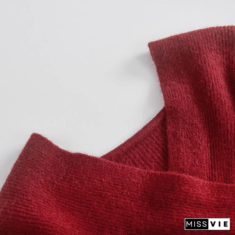 Pure Color Cross Knit Sweater Dress Two Pieces Set