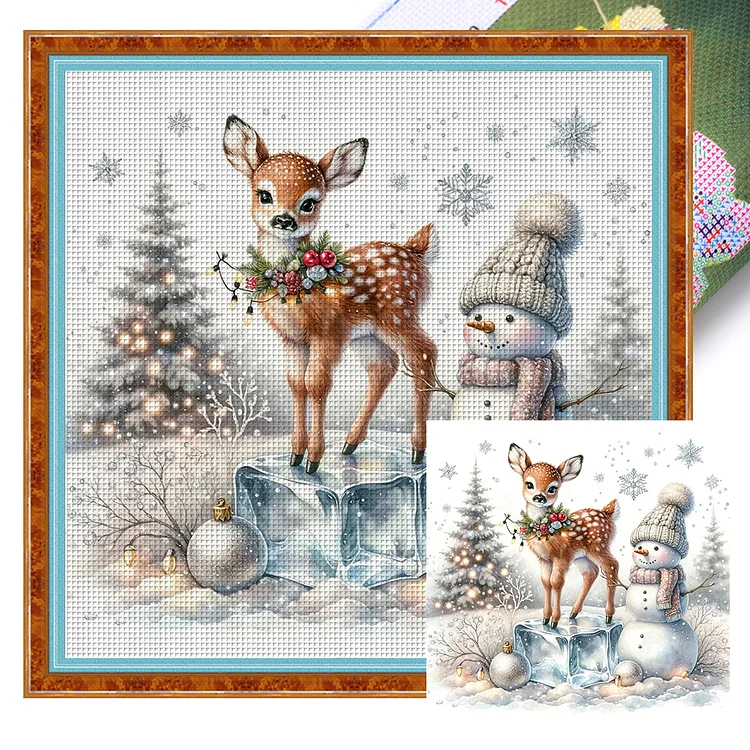 【Huacan Brand】Snowman And Deer 18CT Stamped Cross Stitch 30*30CM
