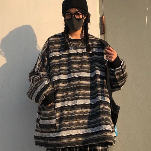 Pullovers Women Oversize Ulzzang BF Unisex Couples Japanese Striped Knit Sweater Hip Hop Female New Winter Fashion Retro Daily