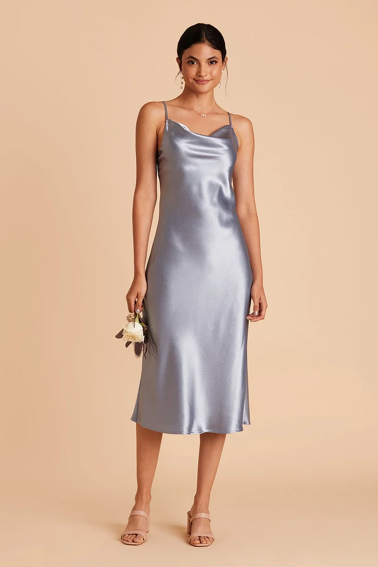 Lisa Satin Midi Dress - Dusty Blue