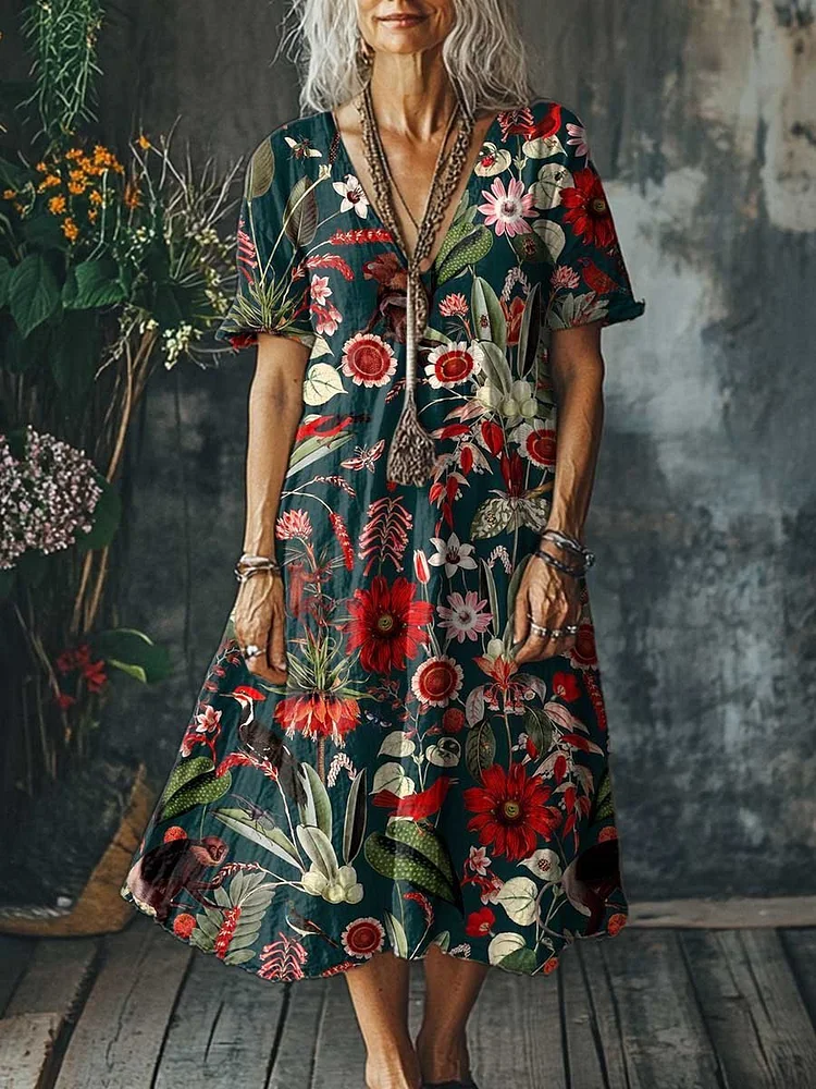 Women's Vintage Lovely Floral Art Print Pocket Cotton Dress