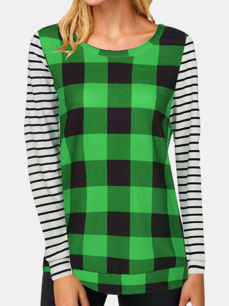 Plaid Striped Print Patchwork Long Sleeve Casual T shirt for Women P1790641