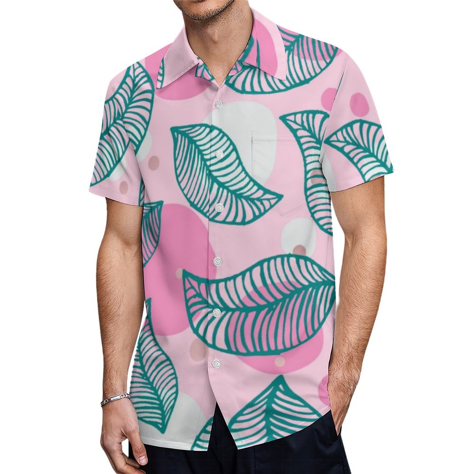 Elegant Abstract Green Leaves Pink Background Hawaiian Shirt Mens Button Down Tropical Hawaii Beach Shirts