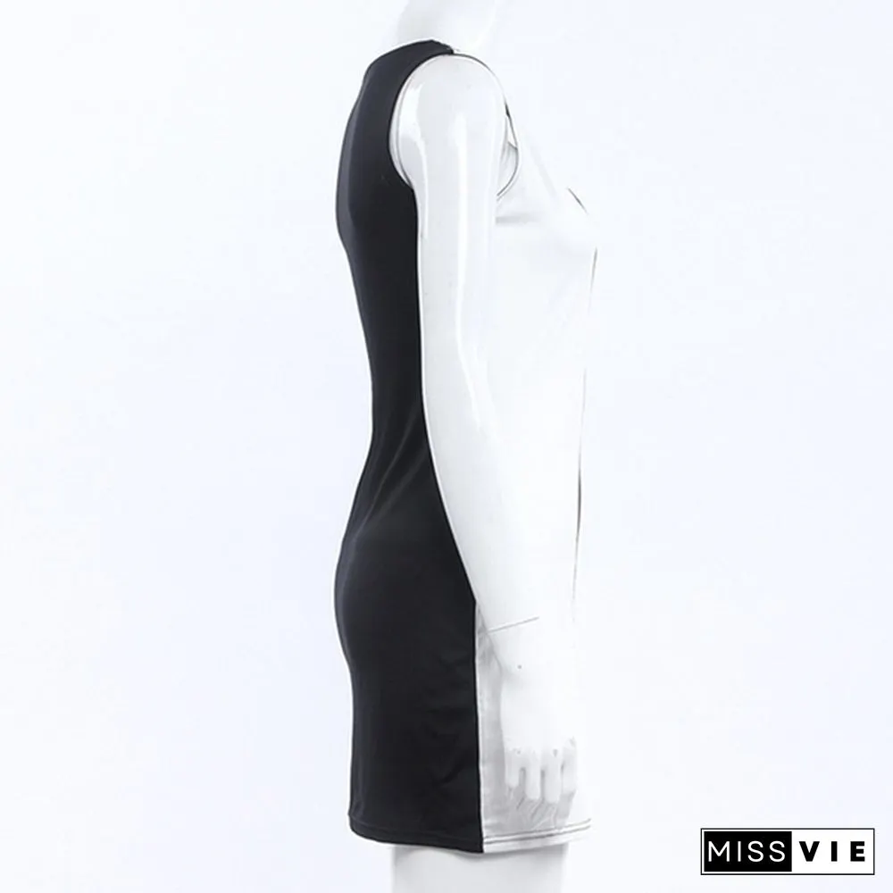 V-Neck Summer Womens O-Neck Sleeveless Black and White Patchwork Party Mini Dress Bodycon