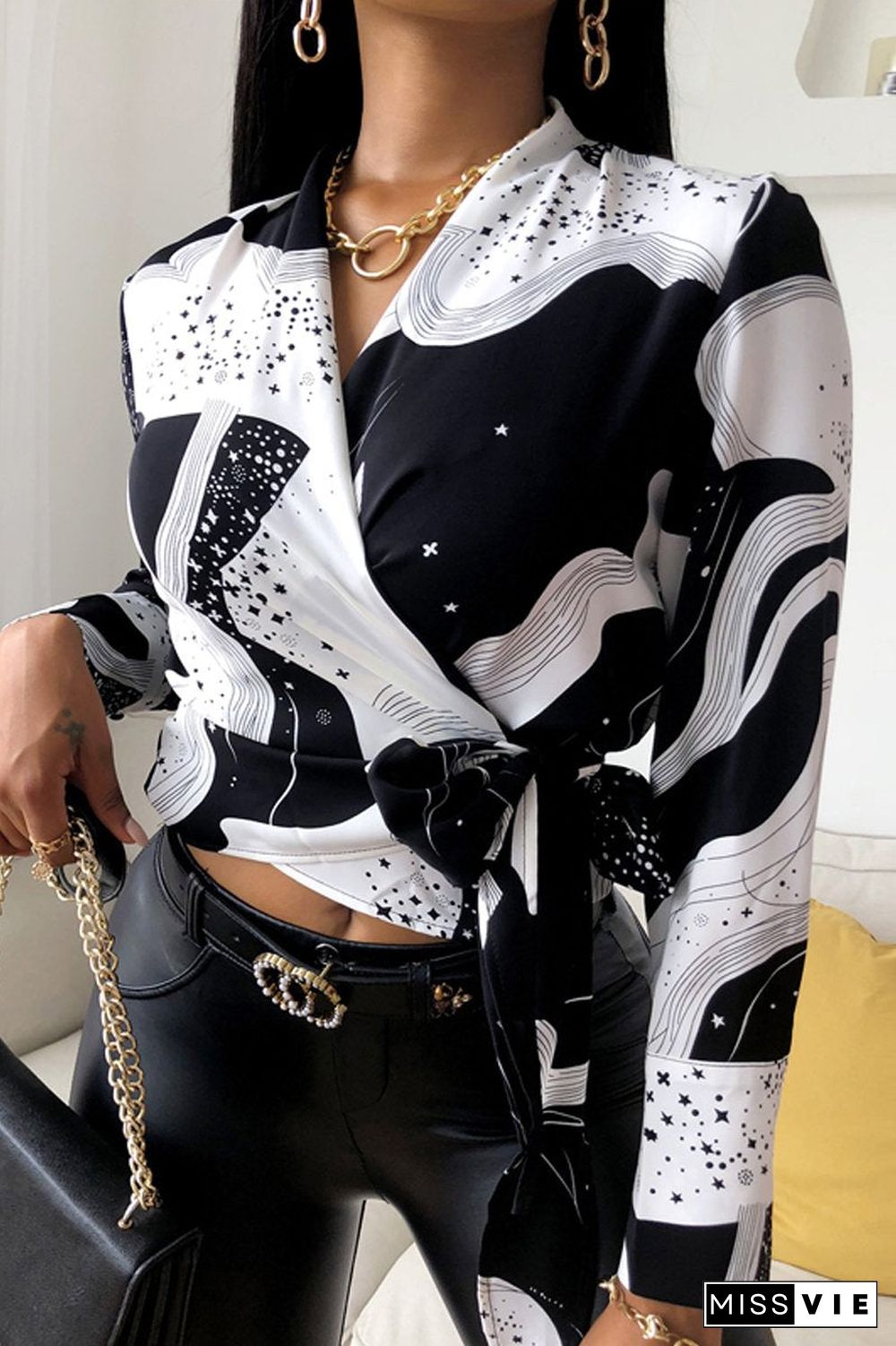 Printed V-Neck Wrap Lace-Up Blouse