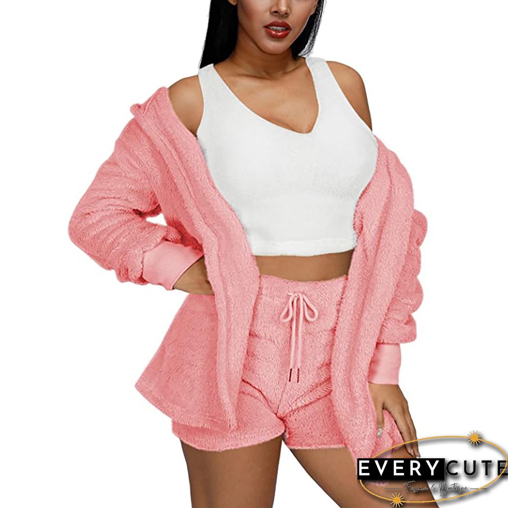 Light Pink Plush Hoodie with Shorts and White Vest 3pcs Set