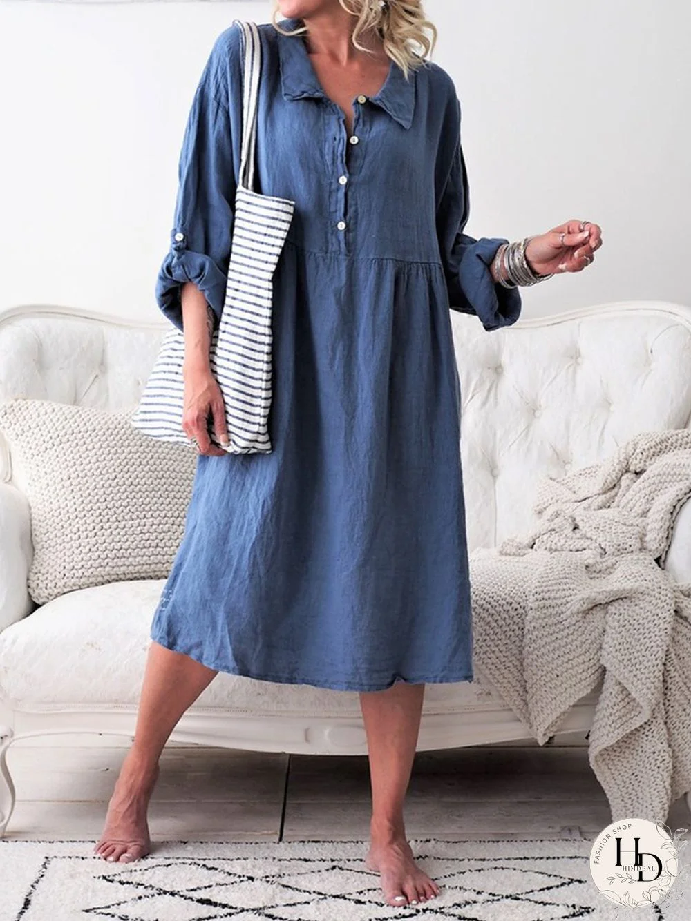 Women Basic Long Sleeve Shirt Collar Buttoned Weaving Dress