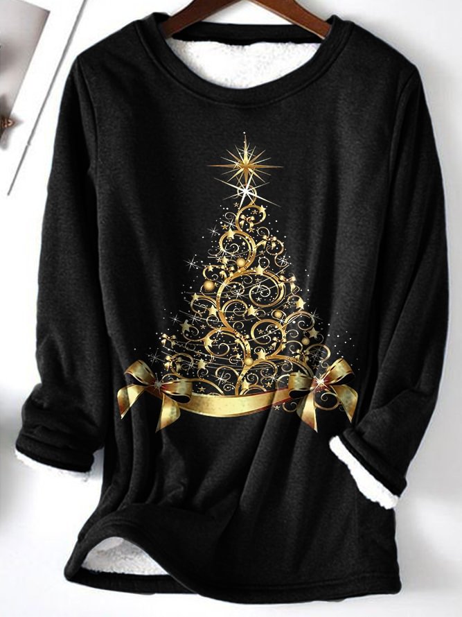 Gold Christmas Tree Printed Warm Thick Sweatshirt