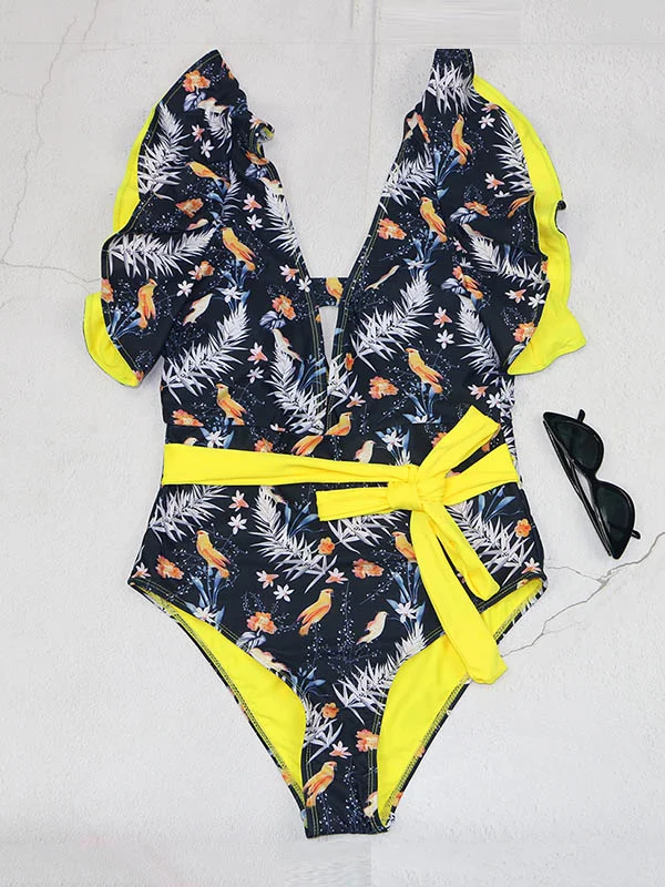 Falbala Floral Print Plunging One-Piece Swimsuit