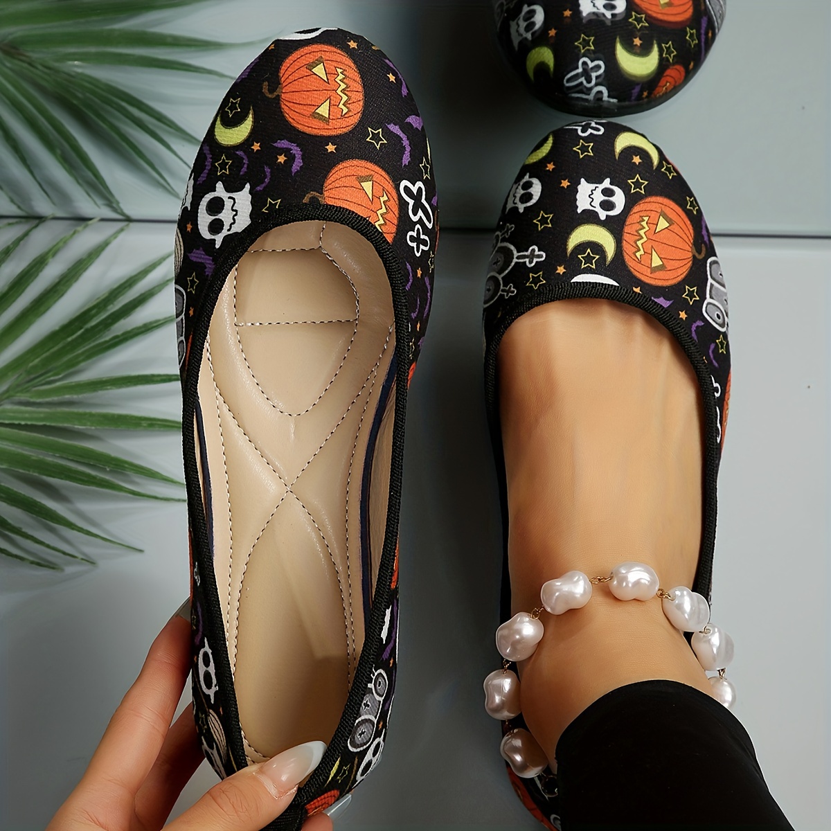Women's Skull Print Flat Shoes Casual Slip On Ballet Shoes