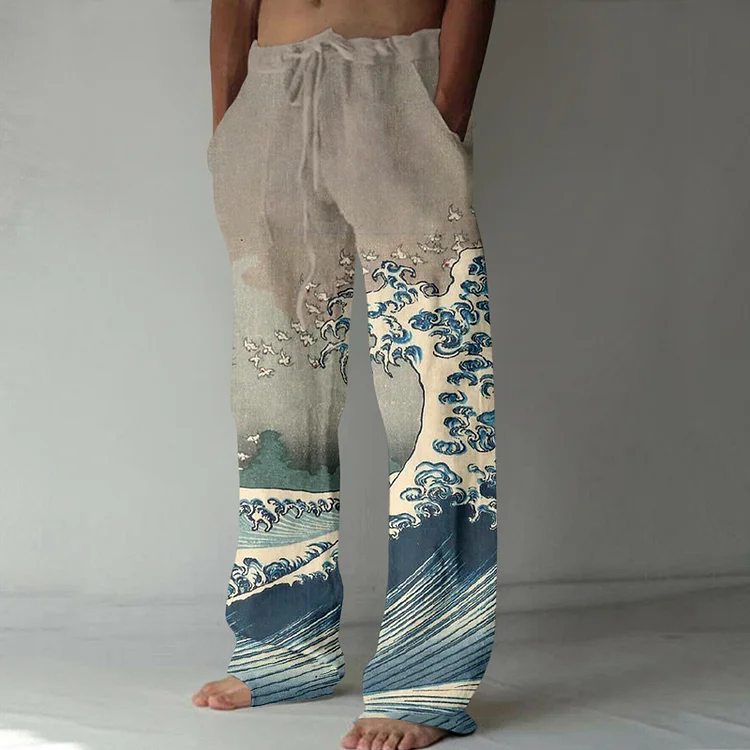 Vintage Japanese Waves Art Linen Blend Casual Pants