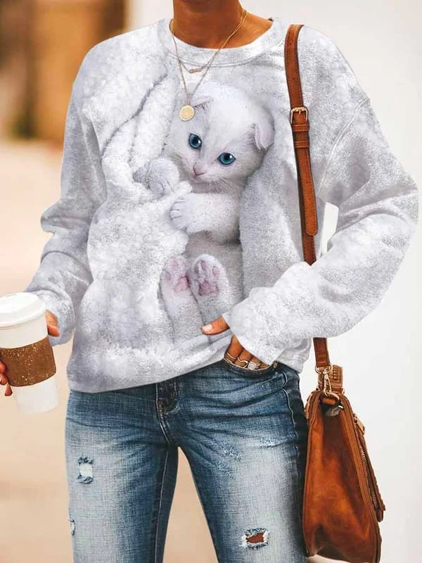Fashion Cat Print Long-Sleeve Sweatshirt