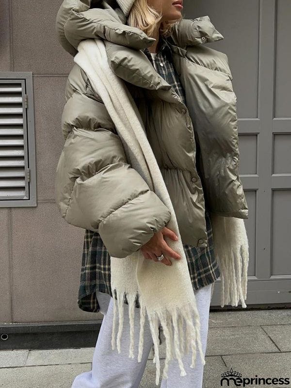 Long Sleeves Loose Solid Color Split-Joint Hooded Padded Coat