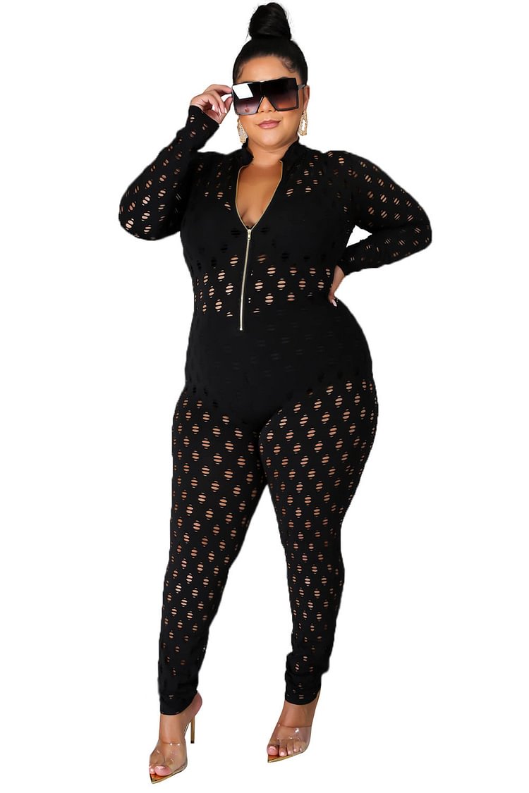 Plus Size Sexy See Through Long Sleeve Jumpsuit - Shop Trendy Women's Clothing | LoverChic
