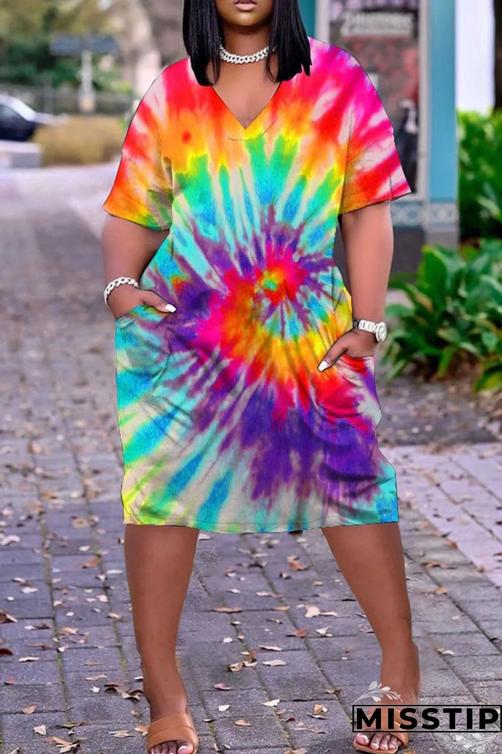 Blue Red Fashion Casual Print Tie-dye V Neck Short Sleeve Dress