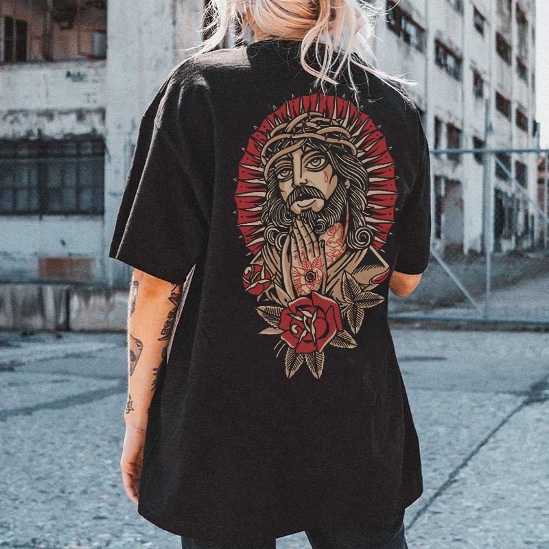 Jesus Praying Floral Printed Loose Women’s T-shirt - Krazyskull