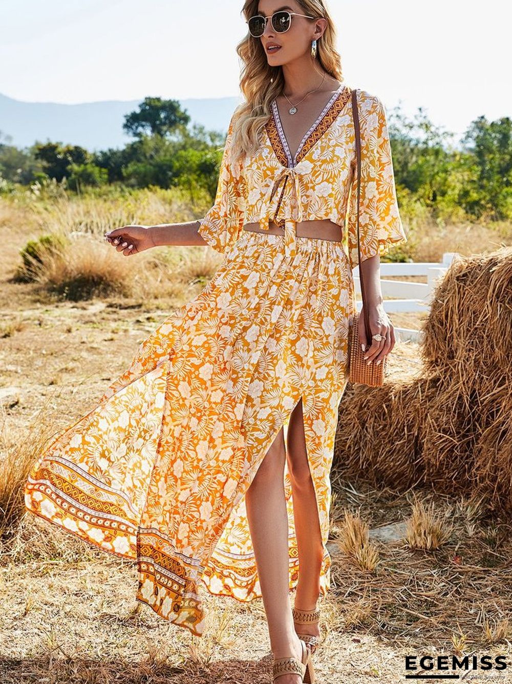 Bohemian Skirt Printed Long Skirt V-neck Sexy Two Piece Set | EGEMISS