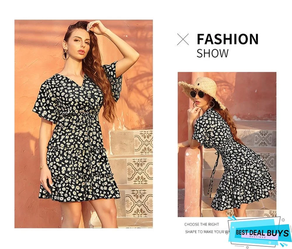 Women's Chiffon V-Neck Lace Up Dress Casual