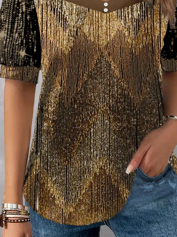 Women's Short Sleeve V-neck Graphic Printed Sequins Stitching Top