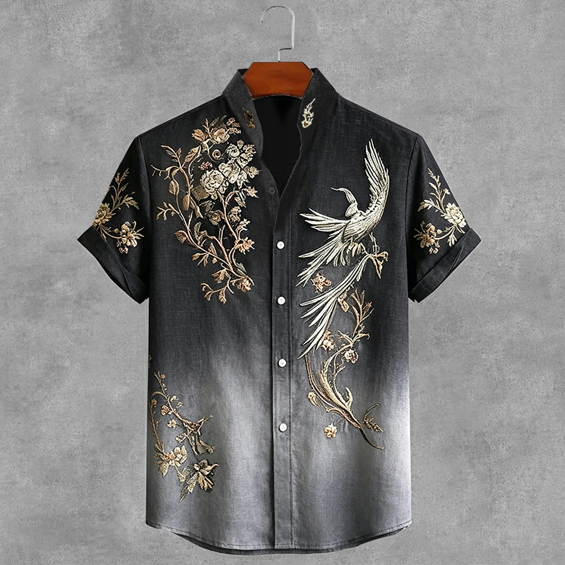 Comstylish Men's Japanese Floral And Bird Gradient Print Short Sleeve Shirt
