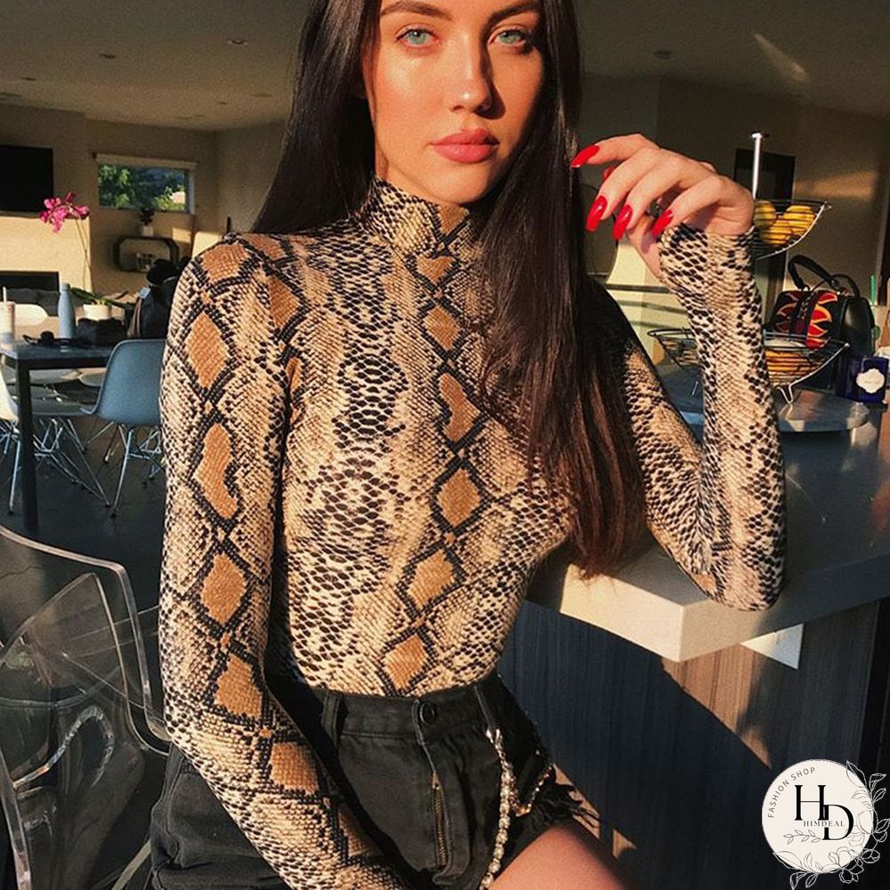 Snakeskin Bodysuits Mulheres Sexy Pele Cobra Alta Gola Manga Longa Python Moda Primavera