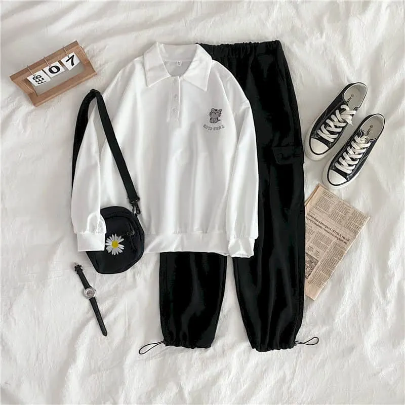 Women Two Piece Outfits Sets Clothes Long-sleeved Casual Tooling Leggings Two-piece Suit Female Student Korean Loose CN(Origin)