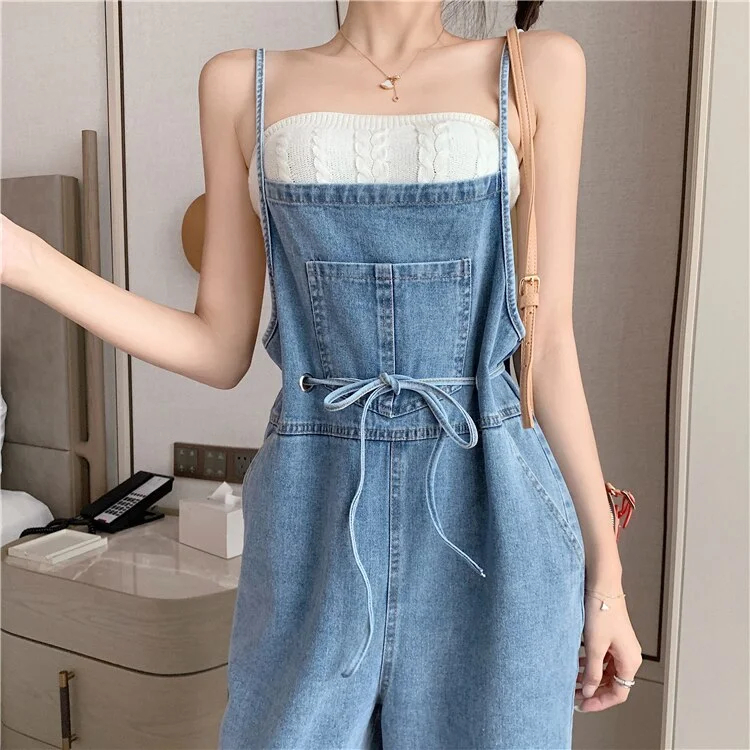back to school Denim Strap Pants Women's Blue Summer Leisure Commuting 2023 New Fashion Korean Version Loose and Thin, Fashionable, and Age Red