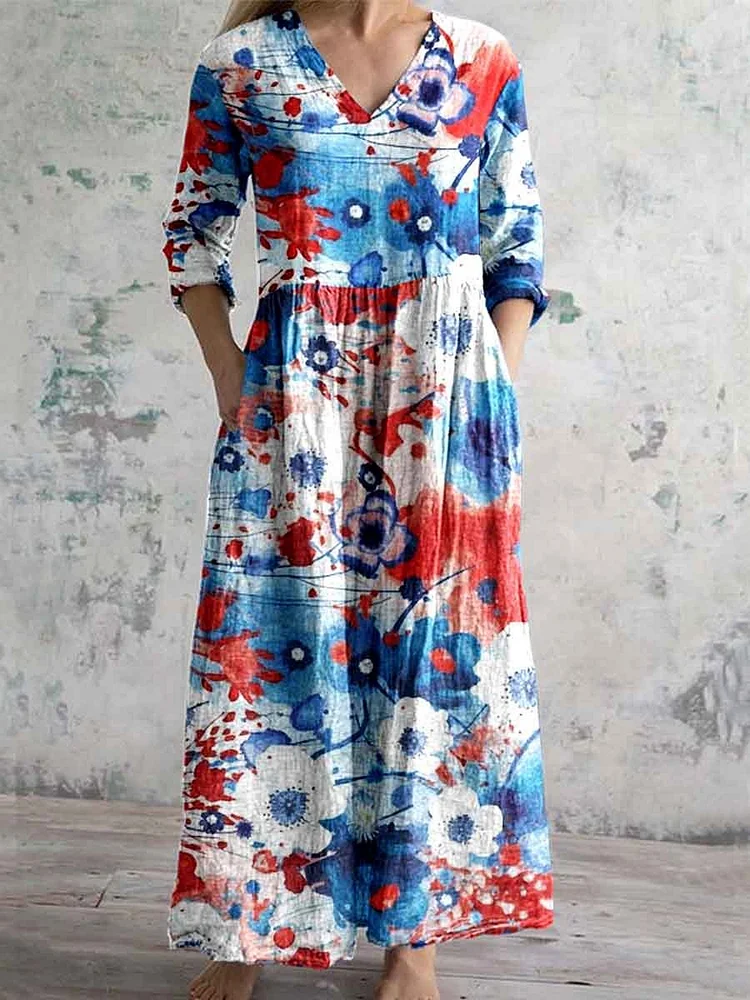 Women's Independence Day Tricolor Floral V-Neck Cotton Dress with Pockets