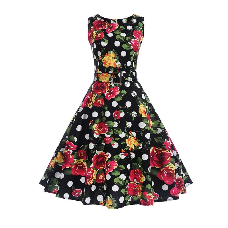 Women Summer Dress Print Floral Robe Retro Swing Casual Elegant Vintage 50s Rockabilly Dress Party Dresses with Belt Vestidos
