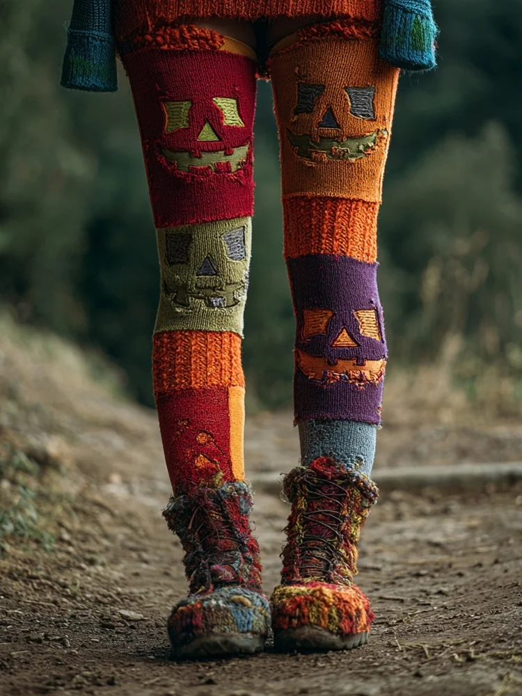 Halloween Pumpkin Face Colorblock Patchwork Cozy Leggings