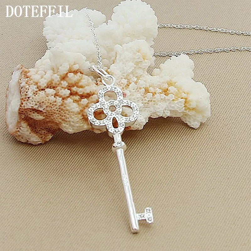 DOTEFFIL 925 Sterling Silver 18 Inch Chain AAA Zircon Flower Key Pendant Necklace For Woman Jewelry