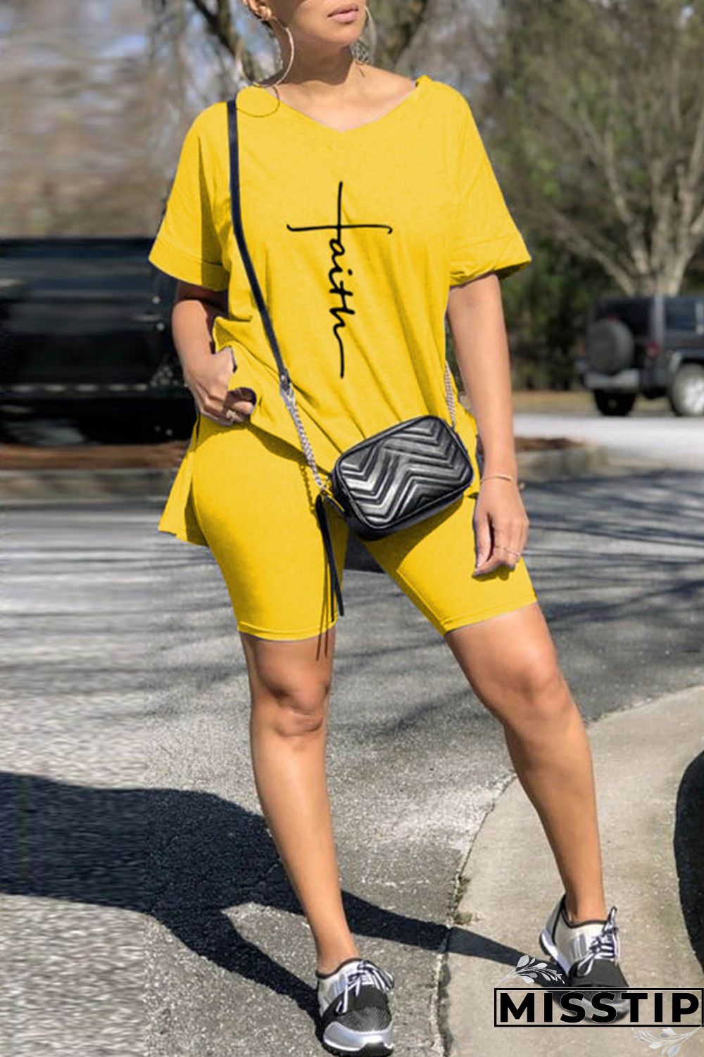 Light Gray Casual Print Slit V Neck Short Sleeve Two Pieces