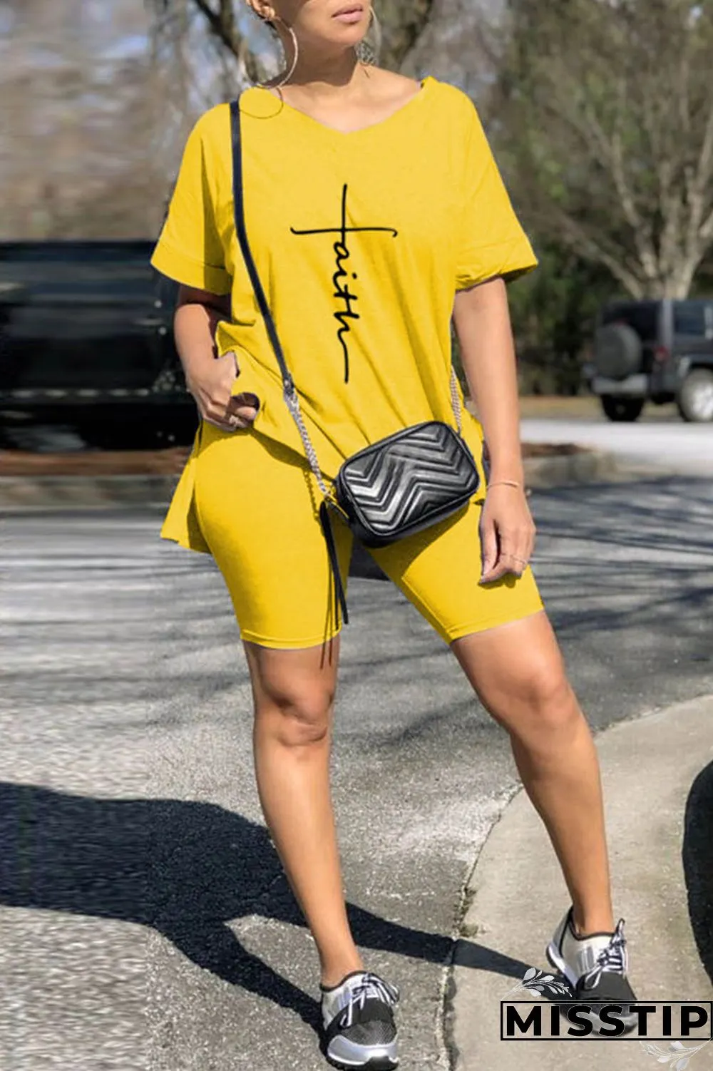 Light Gray Casual Print Slit V Neck Short Sleeve Two Pieces