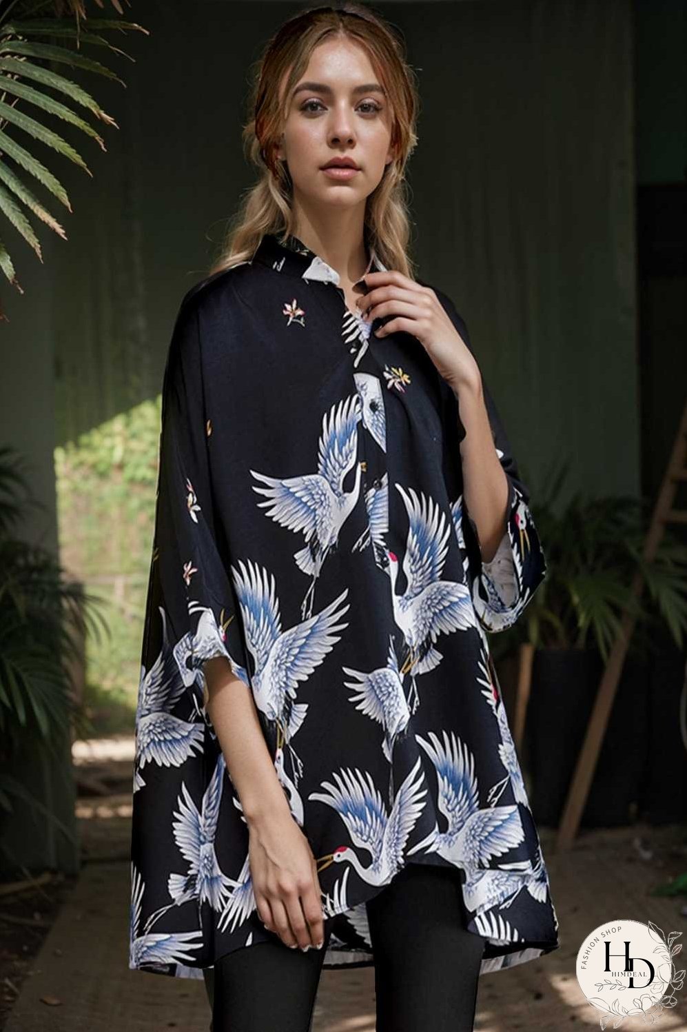 size curve blouses crane print loose oversized blouse