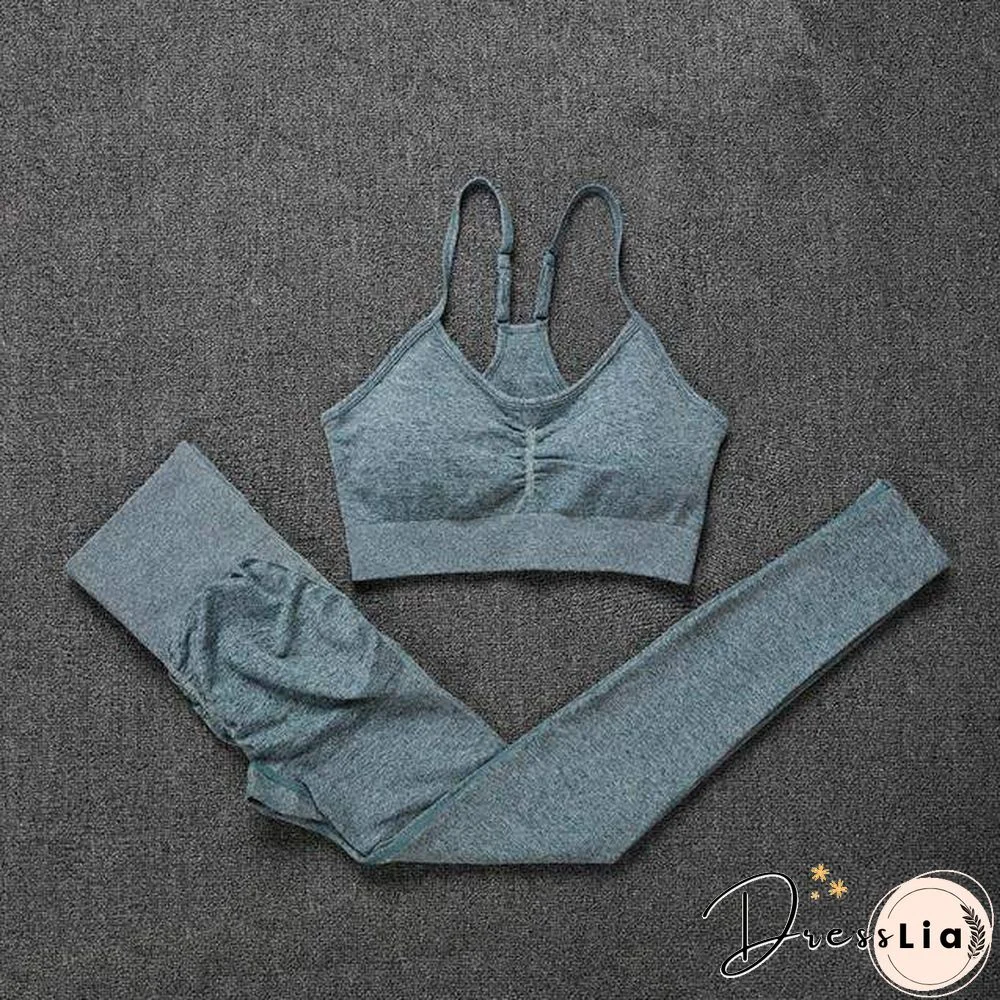 Solid Seamless Gym Two Piece Set Women High Stretchy Tracksuit Women Sports High Waist Leggings Workout Pants Sets Women