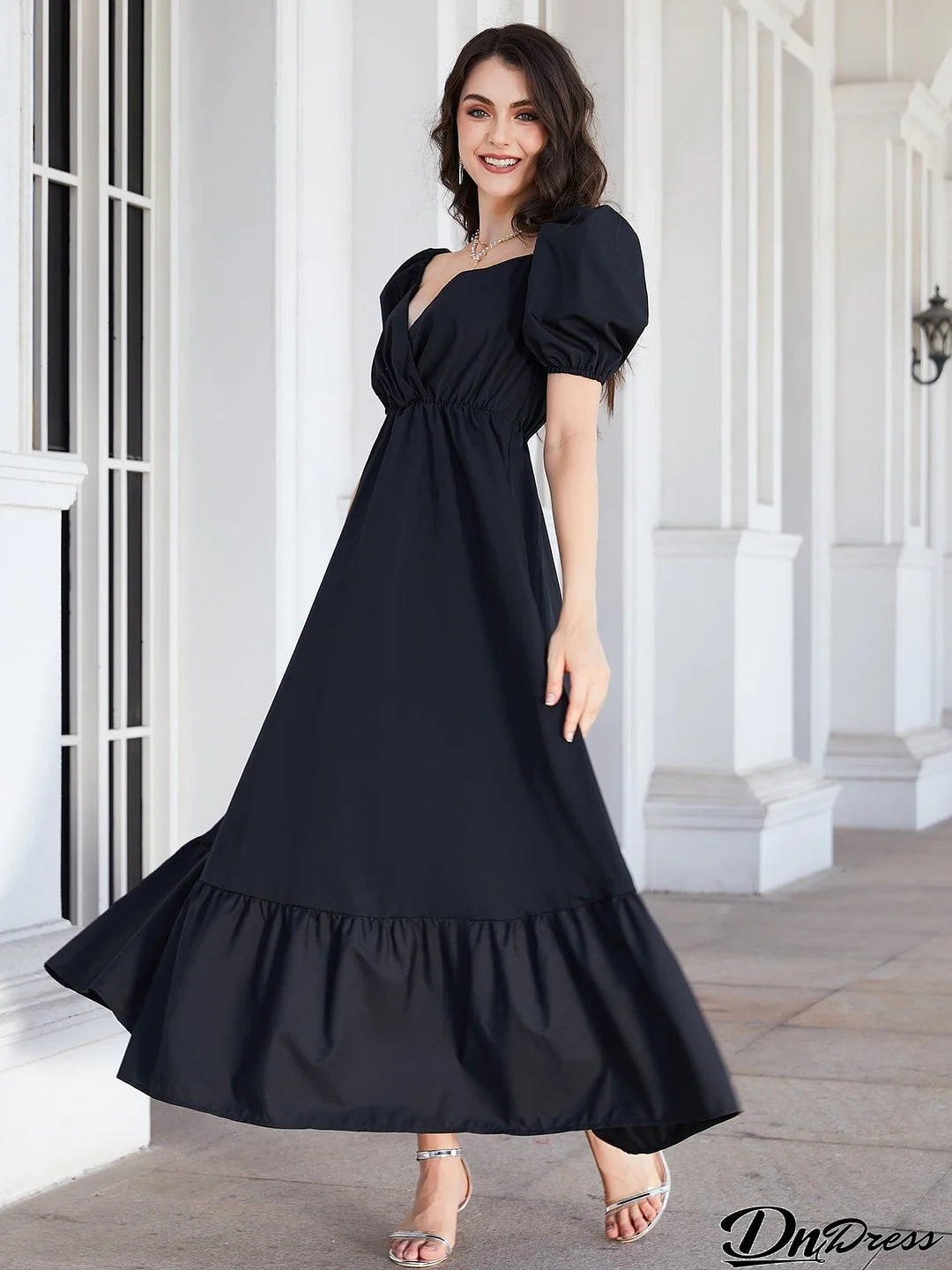 Surplice Neck Ruffle Hem Balloon Sleeve Maxi Dress
