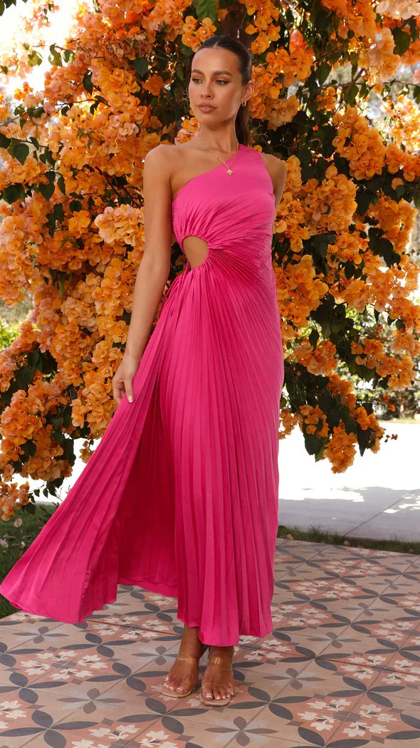 Ueong Ueong Spring And Summer Elegant Folding Dress Single Shoulder Waist Hollow Dress 88255
