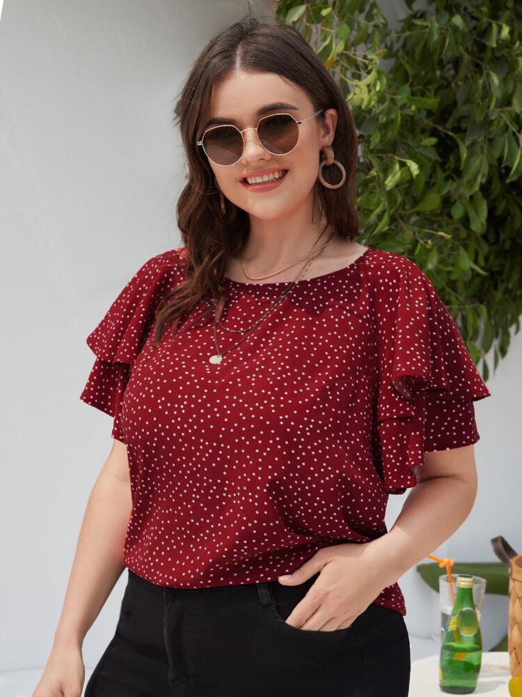 Plus Polka Dot Butterfly Sleeve Blouse