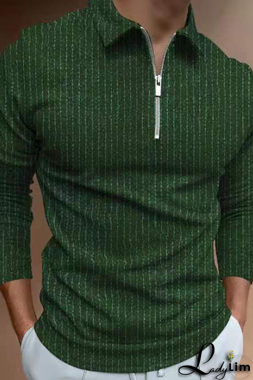 Green Casual Striped Split Joint Zipper POLO collar Tops