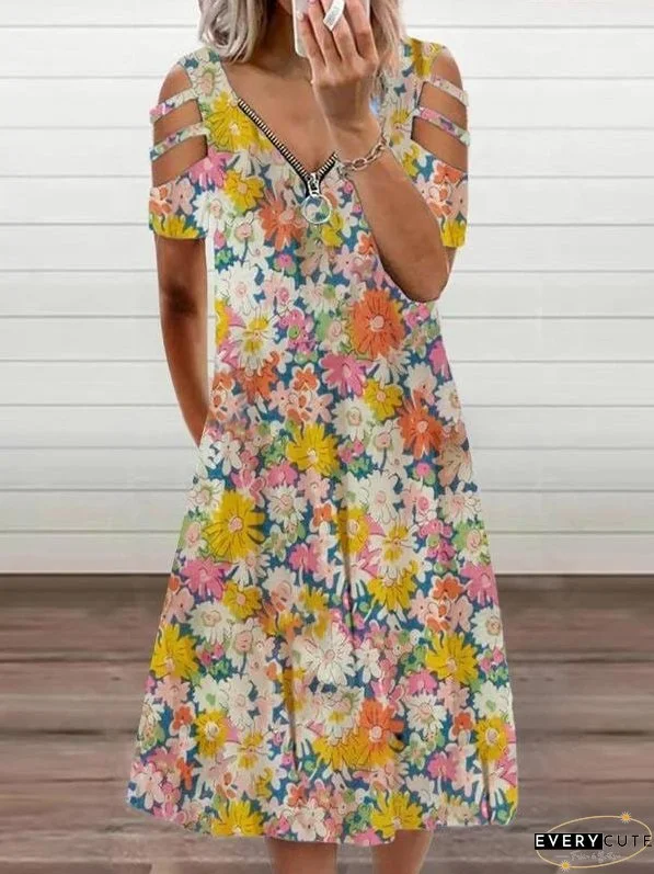 Floral Print Casual Short Sleeve Zipper V-neck Dress for Women