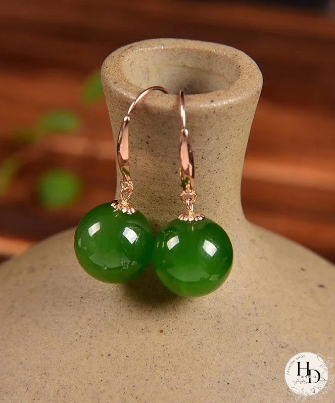 Vintage Green Sterling Silver Overgild Jade Circular Drop Earrings