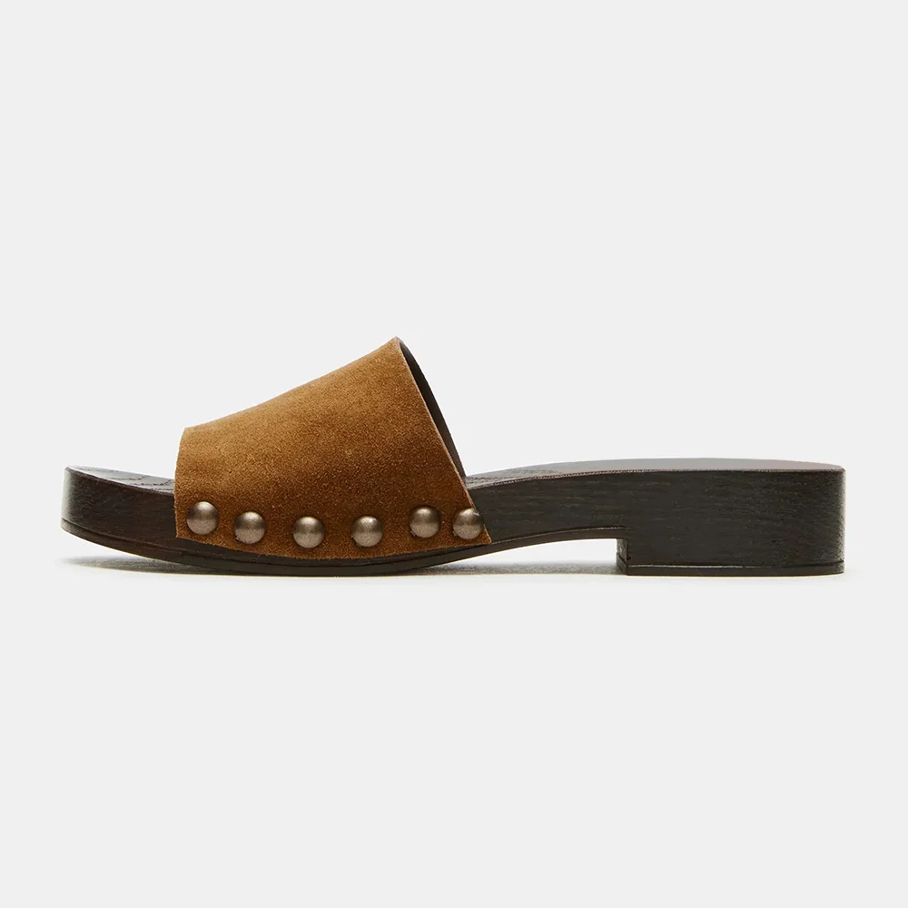 Women's Brown Vegan Suede Round Toe Chunky Heel Studded Slides Shoes