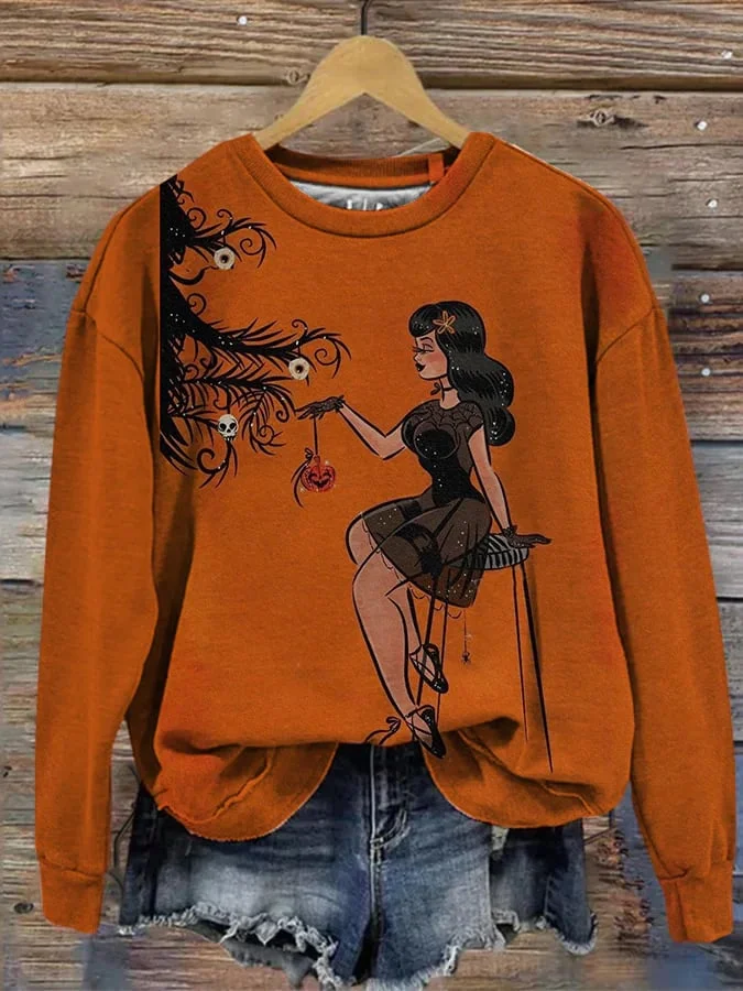 Women's Vintage Halloween Cartoon Girl Sweatshirt
