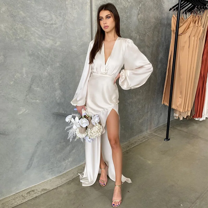 Solid Silk Long Puff Sleeves V Neck Backlessk Slim Bodycon Maxi Dress Fall Winter Women Party Elegant Streetwear