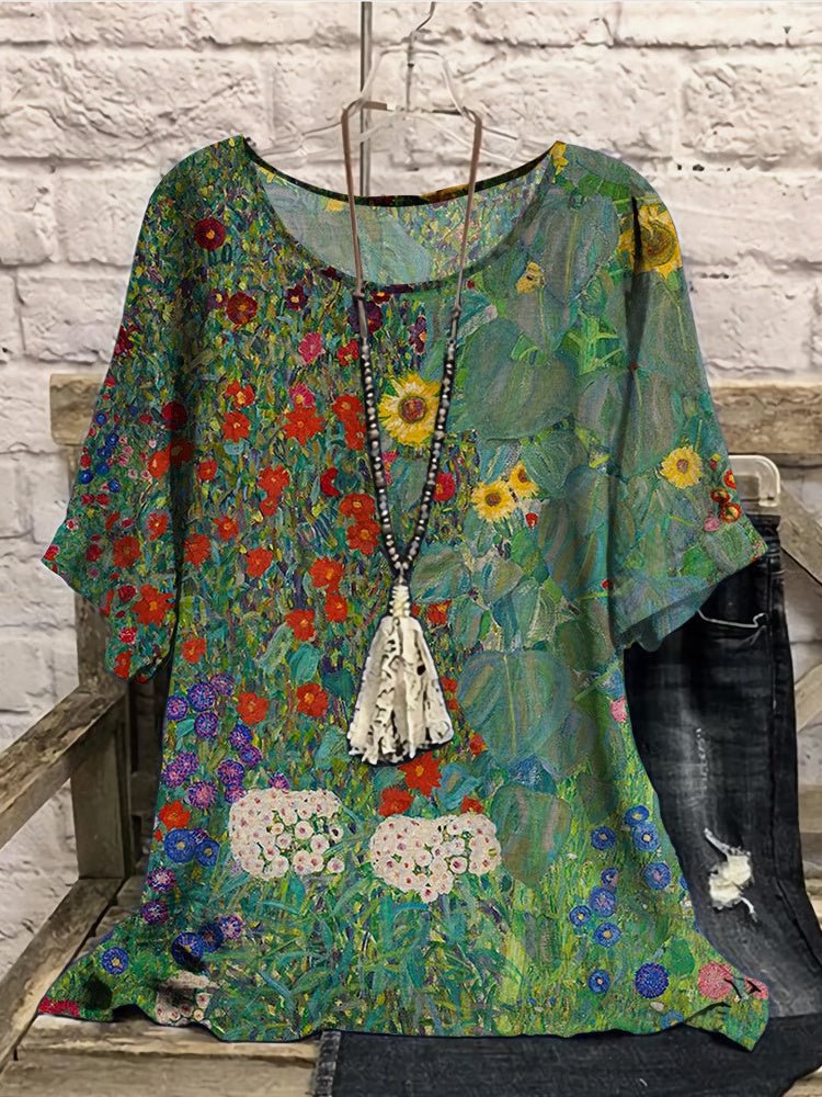 Women Half Sleeve Scoop Neck Floral Printed Colorblock Green Women Tops