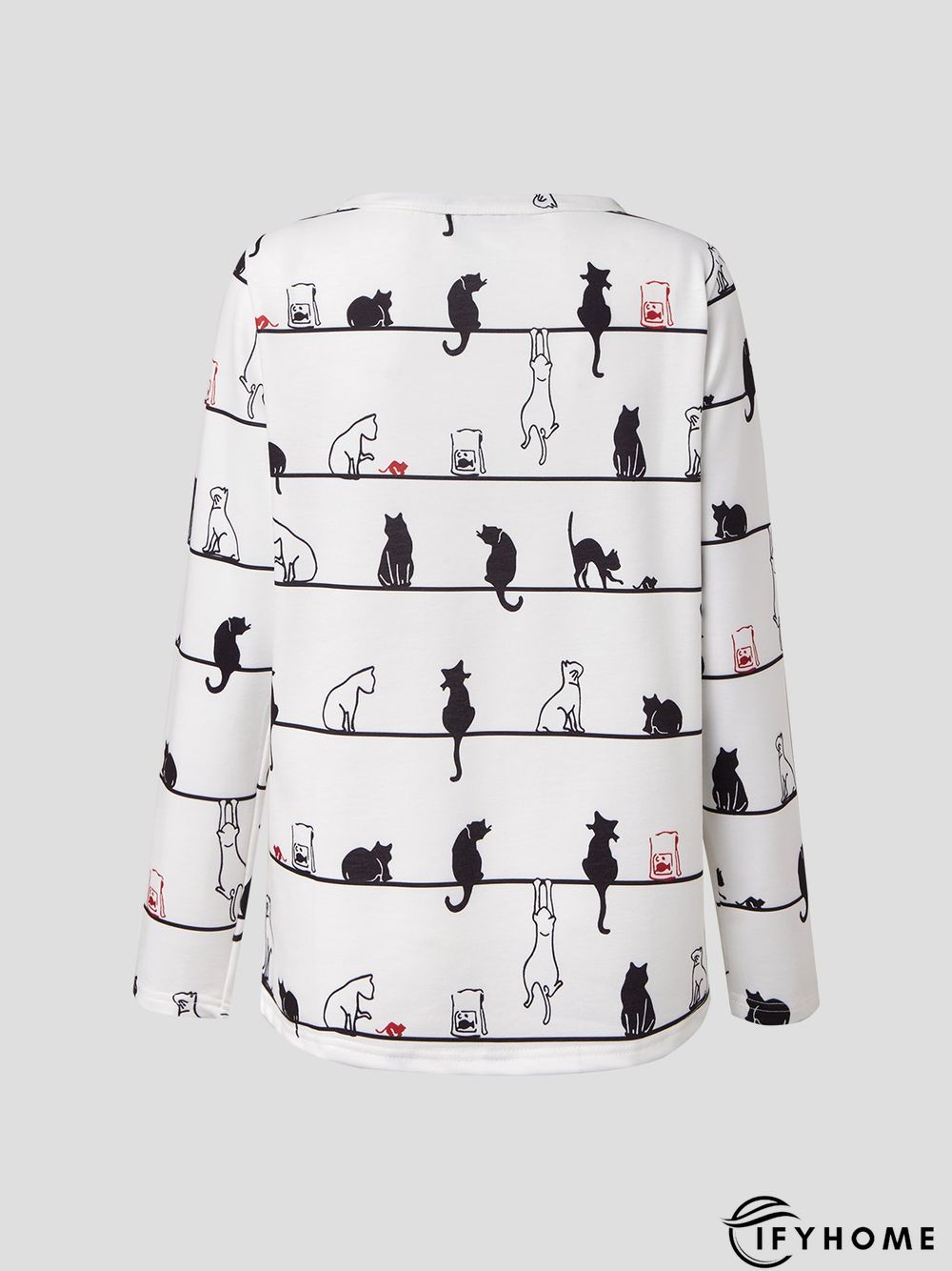Women Casual Cute Cat Crew Neck Long Sleeve Shirt & Top | IFYHOME