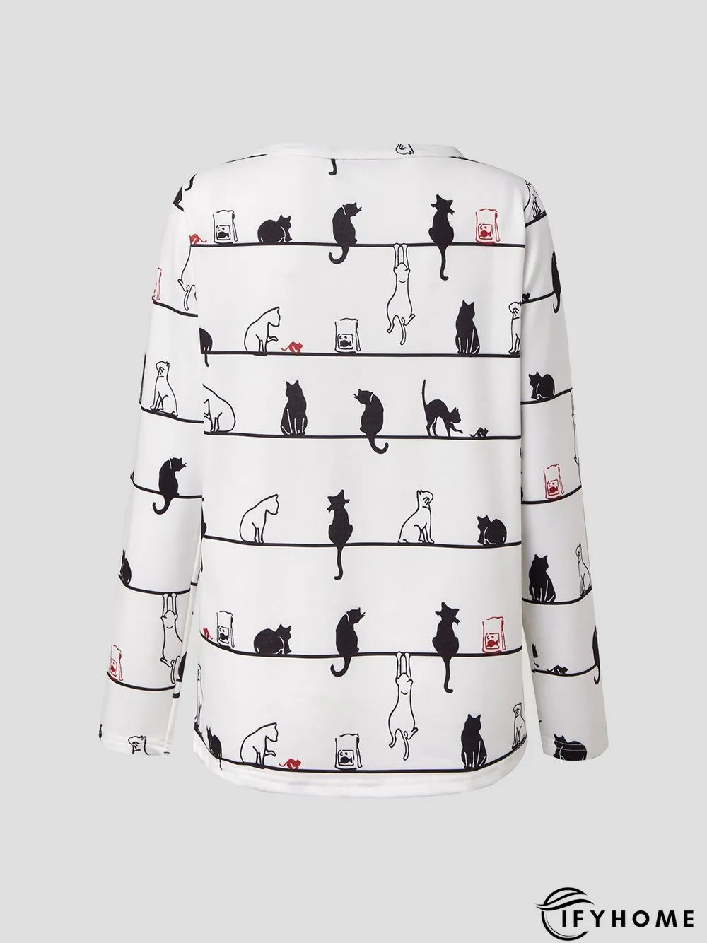 Women Casual Cute Cat Crew Neck Long Sleeve Shirt & Top | IFYHOME