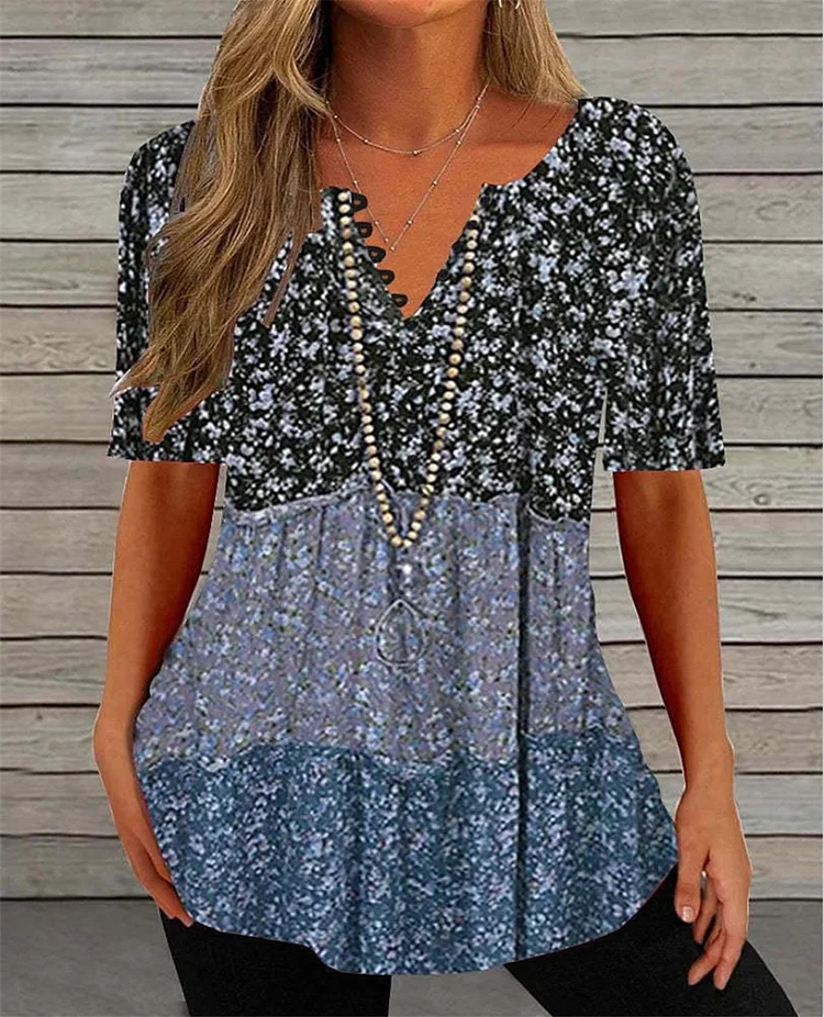 Women's Casual Top Floral Print V-Neck Loose T-Shirt
